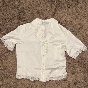 White Satin Button-Up Blouse with Lace Trim